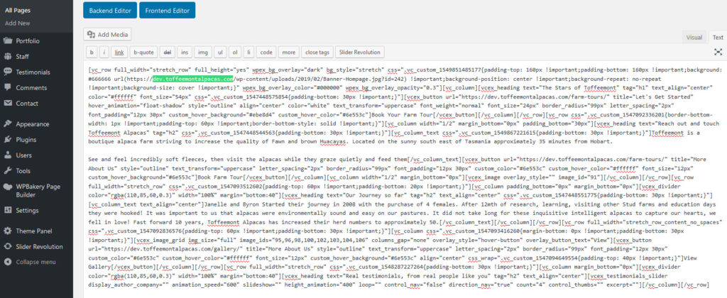 finding dev links in page builder plain text view