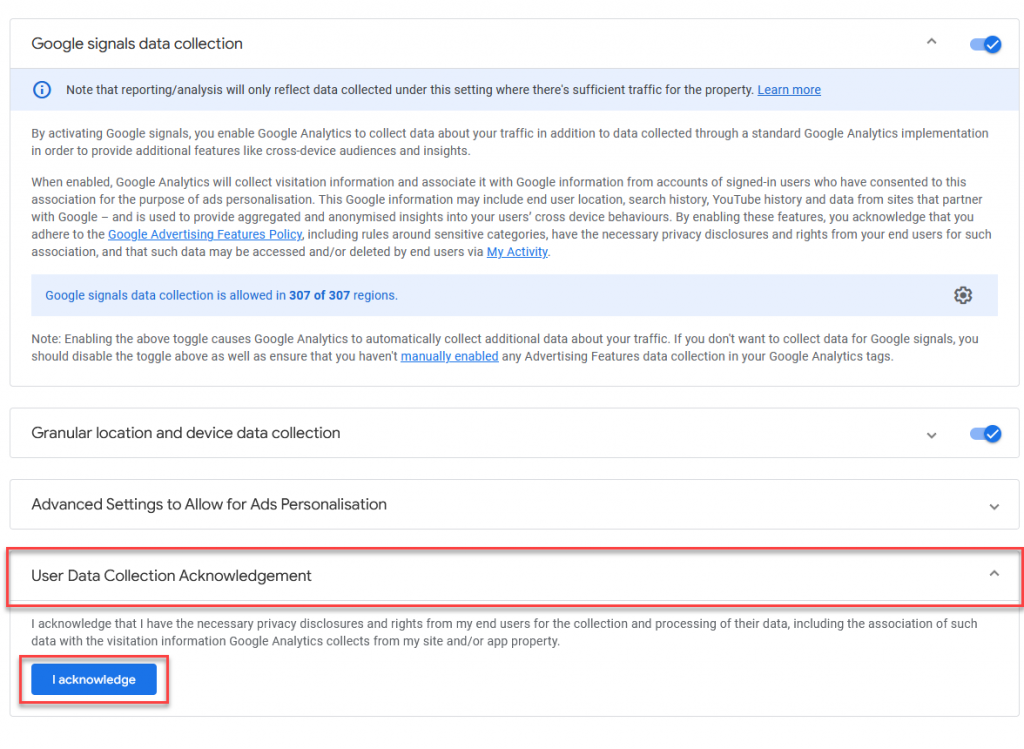 Google Analytcs 4 Migration User Data Collection Acknowledgement
